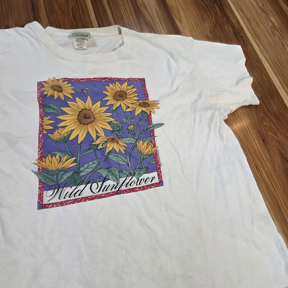 Vintage L.L. Bean Wild Sunflower Shirt Mens XL White Graphic USA 90s Nature - Picture 2 of 7